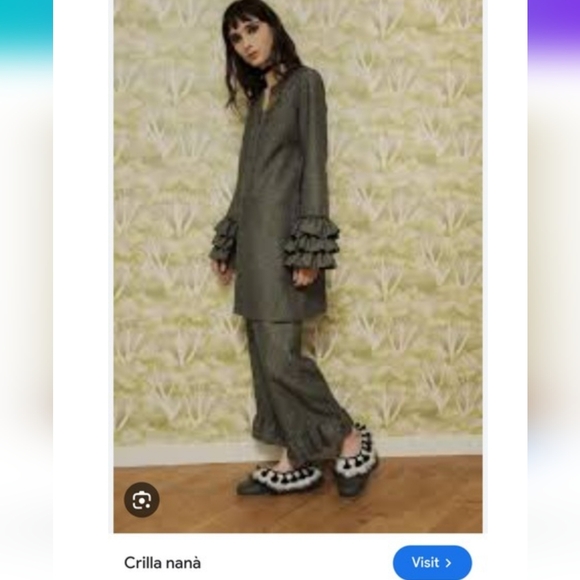 Crilla Naná Italian Ruffled Pants Green W/Gold Thread Wool Italy Size 42 AS-0575 - Picture 3 of 8